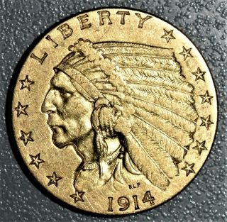 1914 $2.  5 Indian Head Gold Quarter Eagle Coin,  Grade Au,  Ez65