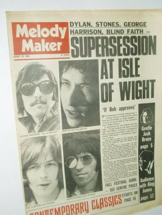 Melody Maker Pop Paper.  30th Aug.  1969.  Isle Of Wight Festival.  Bob Dylan,