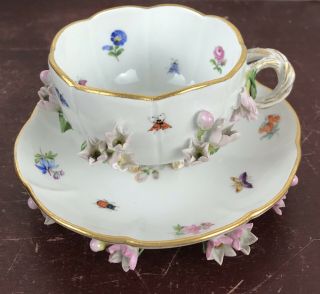 Antique 19thc Meissen Porcelain Applied 3d Flowers Cup & Saucer Porzellan Tasse