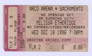 Rare Melissa Etheridge 12/18/96 Sacramento Ca Arco Arena Ticket Stub