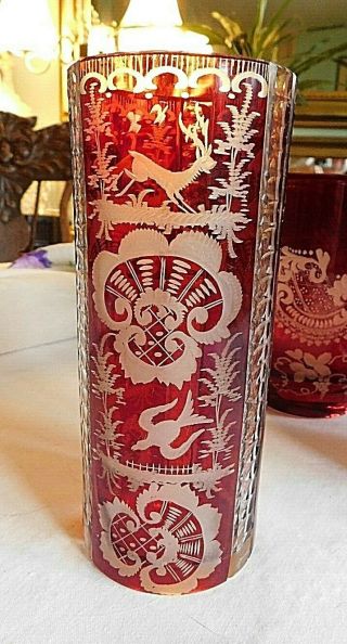 Bohemian Vintage Egermann Ruby Red Flash Cut To Clear Cylindrical Vase 6.  3 Inch