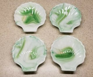 Akro Agate Glass Green White Swirled Set Of 4 Low Shell Bowls 4 " U.  S.  A.  Made
