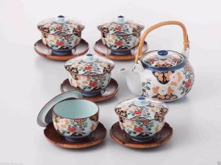 [super Sale] Arita - Yaki Porcelain: Peony - Kyusu Tea Pot,  5 Tea Cup & Saucer Set
