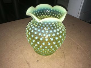 Vintage Fenton Art Glass Yellow Topaz Opalescent Hobnail Vase 7 " X 5 1/2 "