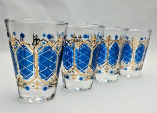 Vintage Glasses Blue Gold Fleur De Lis Atomic Barware Culver 1960s Shot Liquor