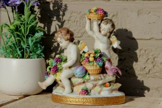 Antique Capodimonte Marked Porcelain Putti Angel Grapes Parrot Bird Statue Group