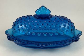 L E Smith Hobnail Cobalt Blue Butter Dish Glass 7.  75 " X 4.  75 " Lid Oval