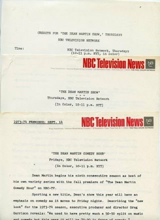 The Dean Martin Show Rare 1973 Nbc Tv Press Material