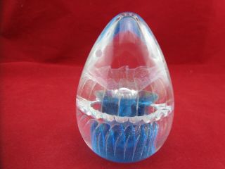 Vintage Studio Art Glass Blue Iridescent Egg Shaped Paperweight Signed 1987 3056