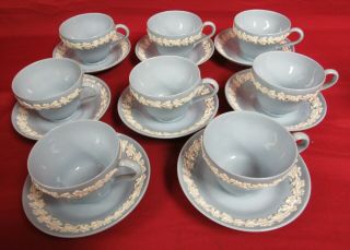 8 Wedgwood Embossed Queensware Cream On Lavender Smooth Edge Cups Saucers -