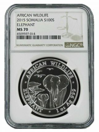 2015 Somalia Silver Elephant 1oz Ngc Ms70 Brown Label