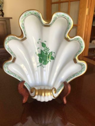 Two Herend Chinese Bouquet Green Shell Dish With Gold Trim