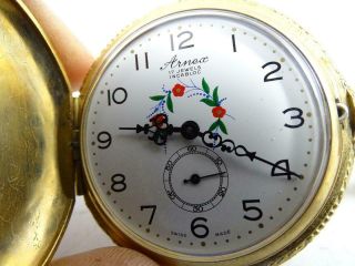 Vintage Arnex 17 Jewel Incabloc Swiss Made Flower Dial Pocket Watch Hunter Case