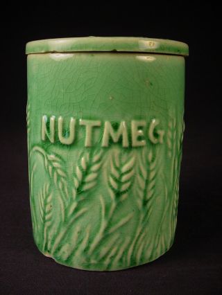 Rare Antique Green Hull Nutmeg Jar With Lid Yellow Ware