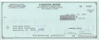 Lorenzo Music Signed Check Autographed Rare Business Account Voice Garfield 1977