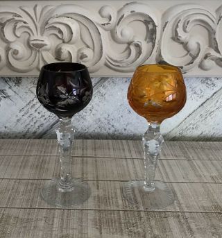 Set Of 2 Vintage Approx 5” German Cut Crystal Cordial/sherry Glasses - Emer/amber