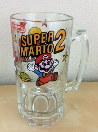 Mario Bros 2 Nintendo 1989 Collectible Glass Beer Mug / Stein 8 "