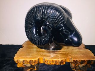 Antique Van Briggle Ceramic Pottery Big Horn Black Ram Head Signed 2
