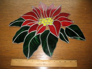 Stained Glass Window Poinsettia Hanging Sun Catcher Red Green Yellow Flower 13 "