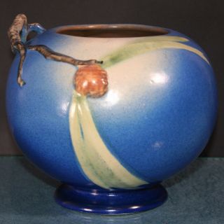 Roseville Blue Pine Cone 261 - 6 Twig Handled Bulbous Squat Vase 1935 Pristine