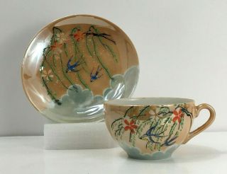 Vintage Delicate Hand Painted Bluebirds Orange Luster Cup & Saucer Made In Japan