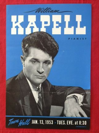 January 13,  1953 William Kapell Town Hall Pianist Vgc Flyer Handbill Last One