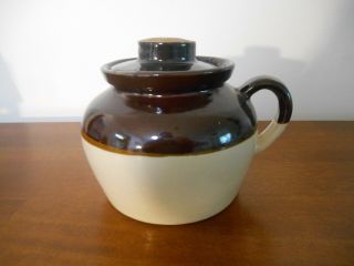 Pottery Drippings Grease Jar With Lid Two Tone Brown Single Handle Usa Stoneware