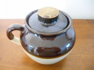 Pottery Drippings Grease Jar with Lid Two Tone Brown Single Handle USA Stoneware 3