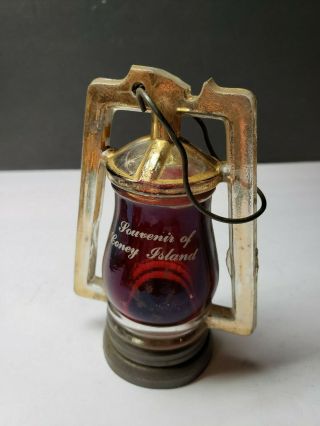 Rare Ruby Stain Coney Island Souvenir Glass Candy Container Lantern