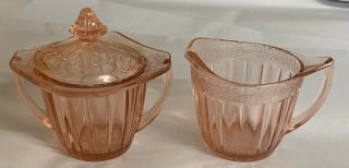 Adam Pink Depression Glass Sugar Bowl With Lid And Creamer By Jeannette Glass