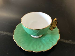Aynsley Butterfly Handle England Bone China Cup Saucer Teacup2 Green
