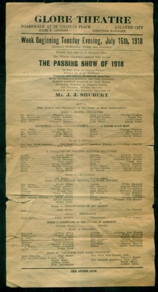 1918 Atlantic City,  Nj - Globe Theatre " The Passing Show Of 1918 " Flyer