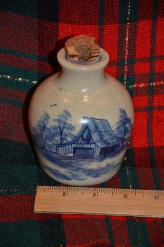 Jug Vase Paul Storie Pottery Stoneware Molasses 4 1/2 ",  Tan With Blue Barn Image
