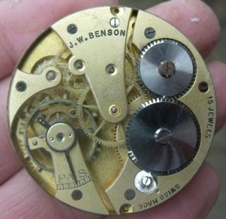 Antique J.  W.  Benson 15 Jewels Pocket Watch Movement,  Spares.