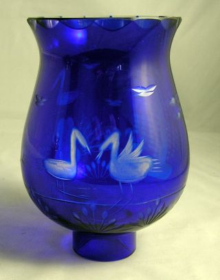 Bohemian Czech Cobalt Blue Cut To Clear Glass Lamp Shade/chimney 1 3/4 " Fitter