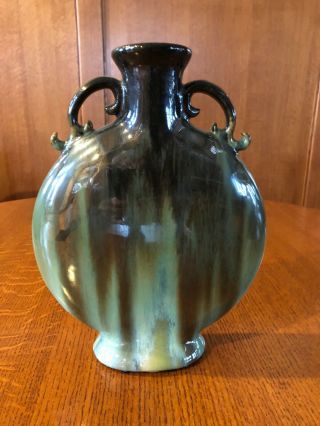 Fulper Pottery Pilgrim Vase/bottle Mirrored Black & Green Flambe 529