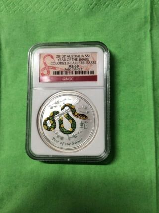 2013 - P Australia $1 Year Of The Snake 1oz Silver Coin Ngc Ms 69 Er