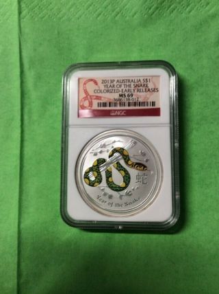 2013 - P AUSTRALIA $1 YEAR OF THE SNAKE 1oz SILVER COIN NGC MS 69 ER 3