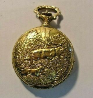 Vintage 17 Jewel Swiss Made Pocket Watch Gold Toned Deer Hunter Case