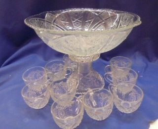 Vintage Indiana Glass Punch Bowl W/ Pedestal & 10 Cups Daisey Fine Cut