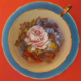 Aynsley England Bone China J.  A.  Bailey ' Cabbage Rose ' 1119 Blue Teacup & Saucer 2