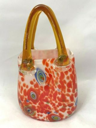 Art Glass Purse Vase Handbag Possibly Murano White Orange Blue Swirls