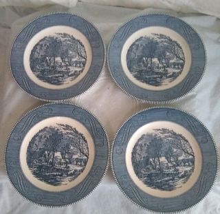 Currier And Ives " The Old Grist Mill " Royal China Usa 10 " Plate Set Of 4 Vintag