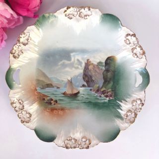 Rs Prussia Cake Plate With Handles - Icicle Mold - Mountains/water/sail Boat