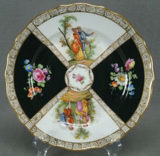 Klemm Dresden Hand Painted Courting Couple Black & Gold Luncheon Plates