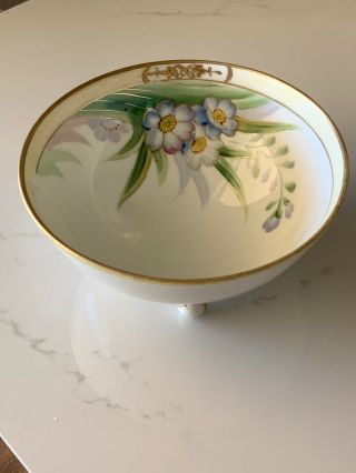 Antique Hand Painted Nippon Flowers Footed Bowl Gold Trimmed