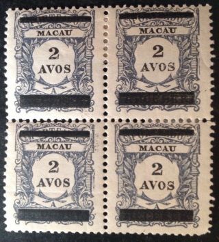 Macau 1910 2a Slate Block Of 4 Postage Due Stamps With Bars Hinged Sg187