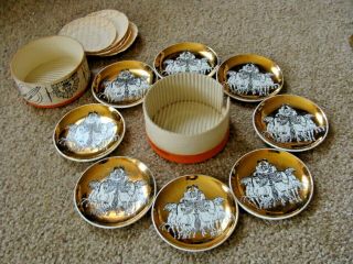 Complete 8 Set Fornasetti Chariot Gold Plates Coasters Saks Fifth Ave W/ Box Etc