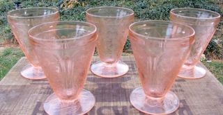 5 Vintage Jeannette Cherry Blossom Pink Glass Footed 3 3/4 " Juice Tumbler 4 Oz