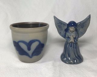 Beaumont Brothers Blue Salt Glaze Pottery Winged Heart Bowl & Praying Angel